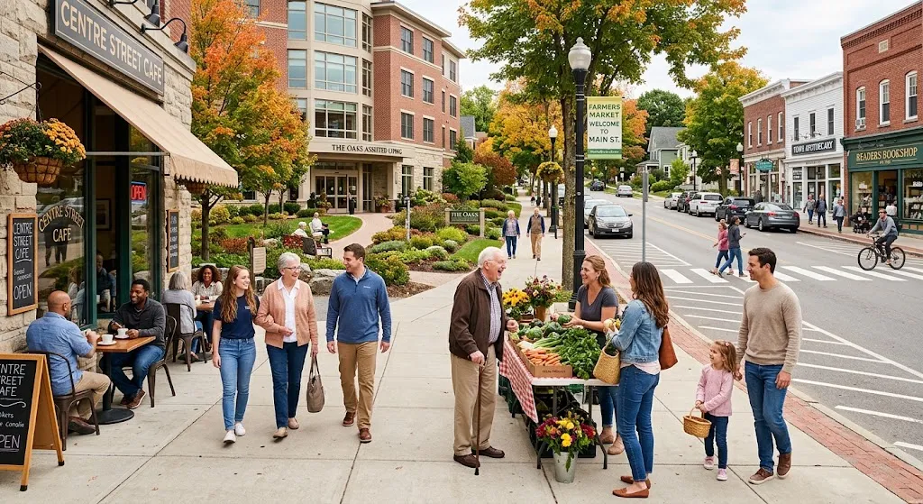 A lively, walkable town street in front of a modern assisted living building, featuring senior residents interacting with local vendors, outdoor café patrons, and families.