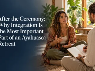 A woman sitting cross-legged during a post-ceremony integration session, speaking with a guide who is taking notes in a notebook.