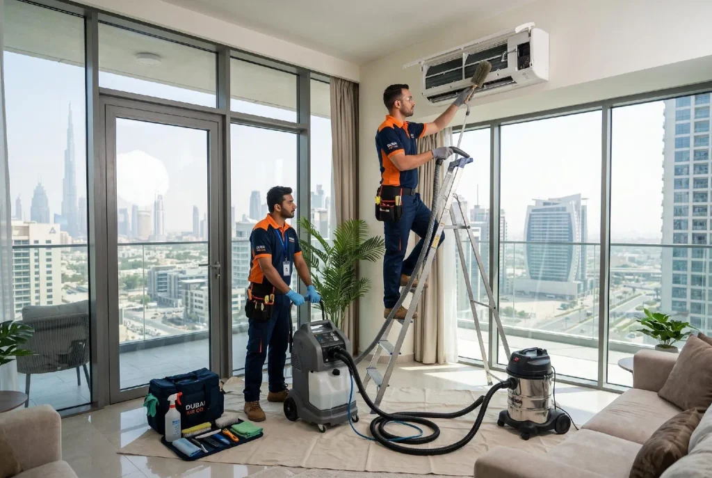 Two professional AC cleaning technicians servicing a split AC unit and vacuuming indoor air systems inside a modern Dubai apartment with Burj Khalifa in the background.