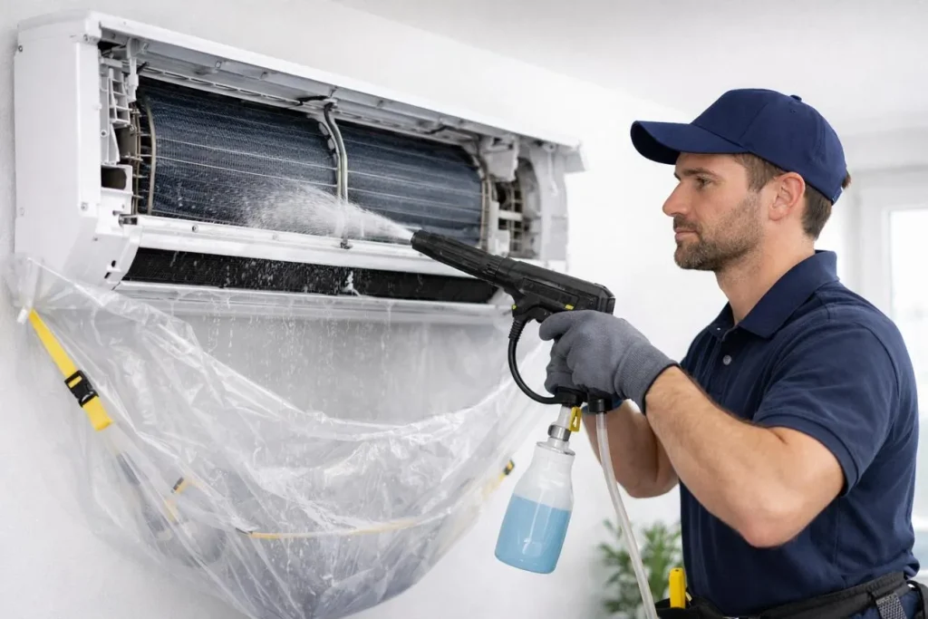 Professional technician deep cleaning an indoor split-system air conditioner unit using a high-pressure spray washer and protective catch bag.
