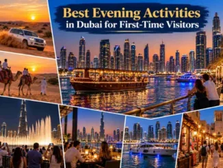 Dubai Marina skyline illuminated at night with vibrant luxury yachts reflecting on the water, highlighting top evening activities for first-time visitors.