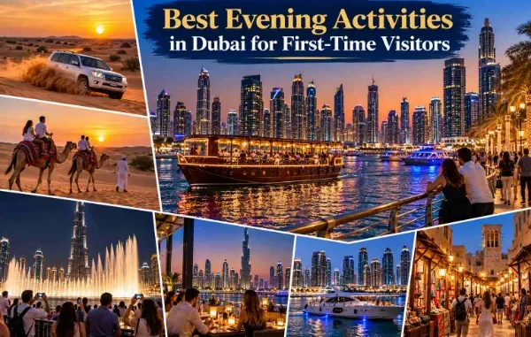 Dubai Marina skyline illuminated at night with vibrant luxury yachts reflecting on the water, highlighting top evening activities for first-time visitors.