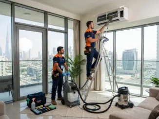 Two professional HVAC technicians performing deep AC unit cleaning and duct vacuuming in a high-rise Dubai apartment overlooking the skyline.