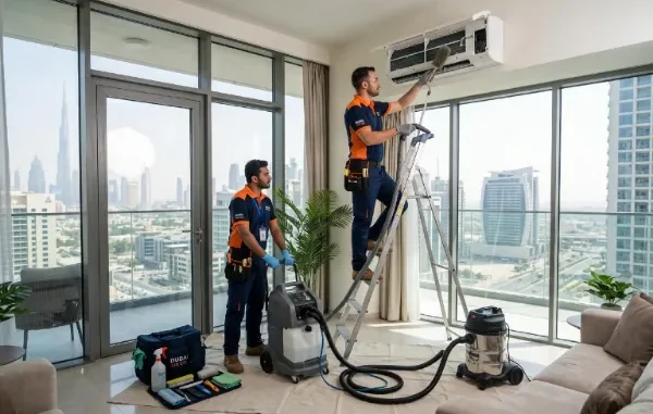 Two professional HVAC technicians performing deep AC unit cleaning and duct vacuuming in a high-rise Dubai apartment overlooking the skyline.