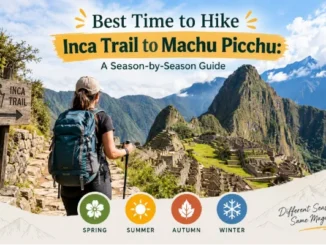 Female hiker with a backpack standing next to an Inca Trail wooden signpost overlooking the ancient Machu Picchu ruins in Peru under a clear sky.