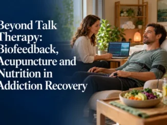 A man attached to biofeedback monitoring equipment reclines during a holistic addiction recovery session with a practitioner, with a fresh healthy salad bowl in the foreground.