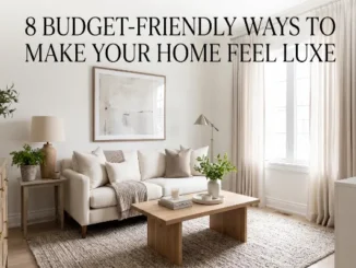 Bright, elegant neutral living room featuring floor-to-ceiling drapes, a beige sofa with throw pillows, large framed wall art, and warm wooden furniture, overlaid with text reading "8 Budget-Friendly Ways To Make Your Home Feel Luxe."