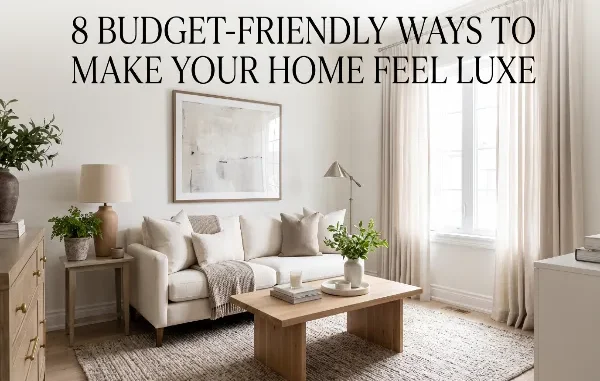 Bright, elegant neutral living room featuring floor-to-ceiling drapes, a beige sofa with throw pillows, large framed wall art, and warm wooden furniture, overlaid with text reading "8 Budget-Friendly Ways To Make Your Home Feel Luxe."