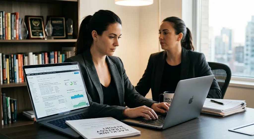 Two digital marketing specialists analyzing casino backlink profiles, domain authority metrics, and organic search traffic growth on a laptop in a modern office.