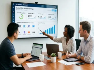 A diverse team of SEO professionals in a modern office analyzing a backlink strategy dashboard for casino search engine optimization on a large wall screen.