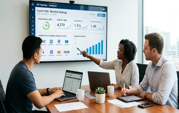 A diverse team of SEO professionals in a modern office analyzing a backlink strategy dashboard for casino search engine optimization on a large wall screen.
