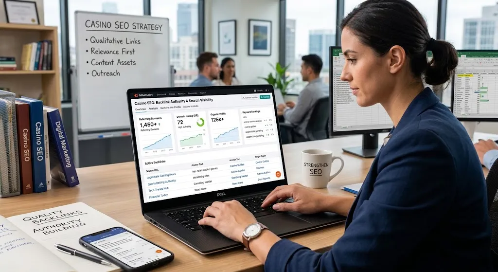 Digital marketing professional analyzing casino SEO backlink profile, domain rating metrics, and keyword ranking growth on a laptop dashboard in a modern office.