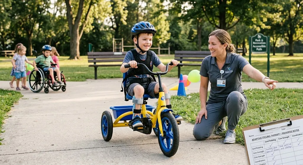 A joyful young boy wearing leg braces and a helmet rides a yellow adaptive tricycle along a park path, smiling brightly as a female physical therapist kneels beside him pointing forward.