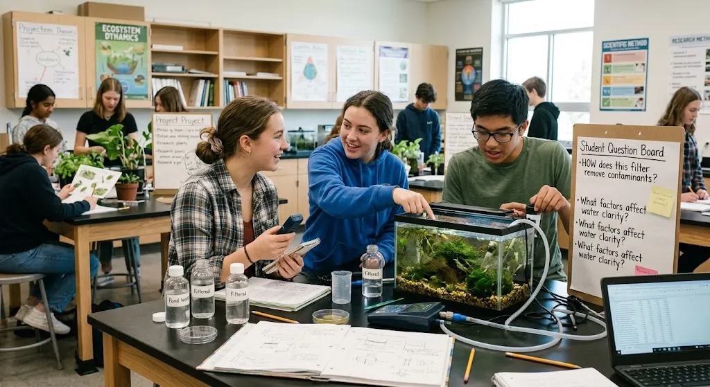 High school students in a modern science laboratory engaged in curiosity-driven learning, collaborating over an aquatic ecosystem aquarium and water filtration experiment while referring to a student question board.