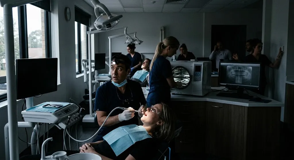 A modern dental clinic during a sudden power outage, showing a dentist stopped mid-procedure in dim light while staff check equipment and digital displays.