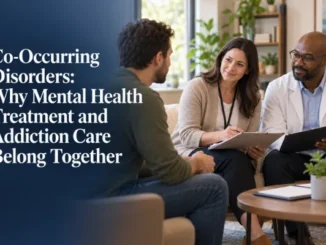 A patient sitting in a therapy session with two healthcare professionals discussing integrated treatment for co-occurring mental health and addiction disorders.
