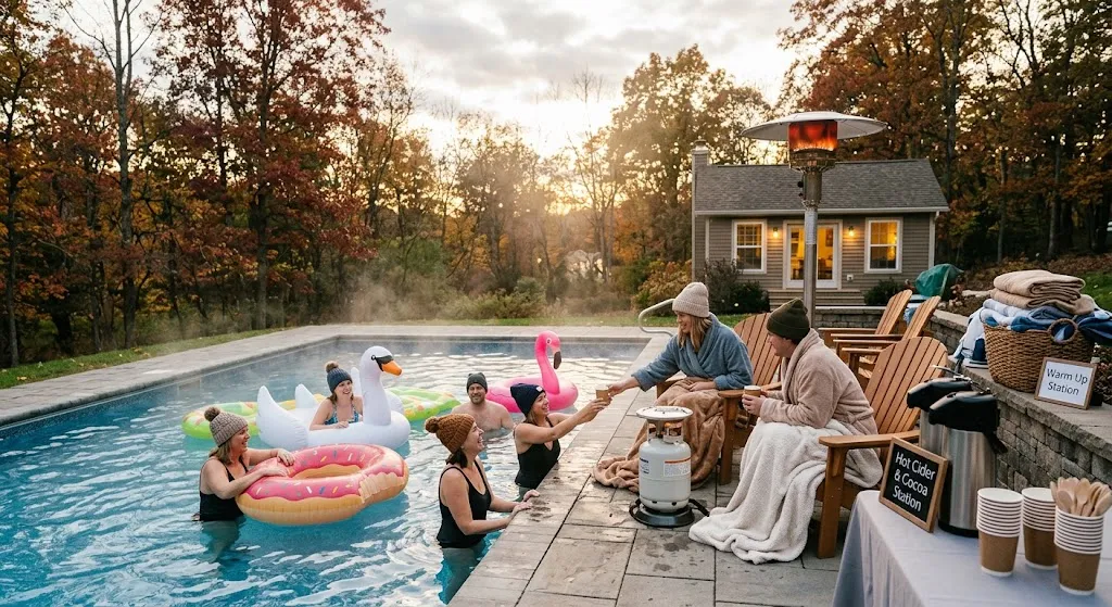 Guests enjoying a heated outdoor swimming pool on a chilly day, with colorful floats, plush robes, an patio heater, and a hot cocoa station nearby.