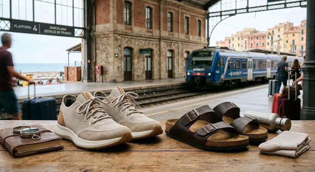 A pair of neutral beige walking sneakers with cushioned soles next to dark brown leather two-strap sandals on a wooden surface at a bustling train station.