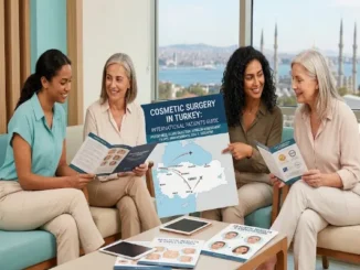 A group of international patients reviewing brochures and consulting a poster titled "Cosmetic Surgery in Turkey: International Patients Guide" in a modern medical office overlooking the Istanbul skyline.