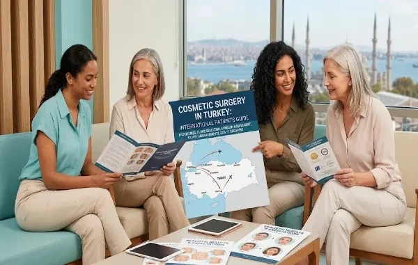 A group of international patients reviewing brochures and consulting a poster titled "Cosmetic Surgery in Turkey: International Patients Guide" in a modern medical office overlooking the Istanbul skyline.