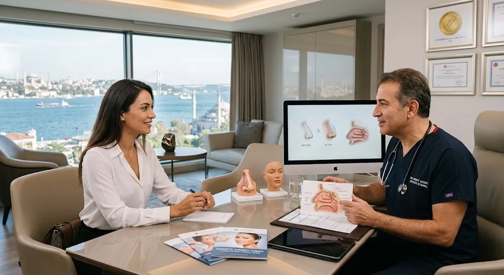 A professional plastic surgeon in navy scrubs conducting a medical consultation with a female international patient in a modern Istanbul clinic with a scenic view of the Bosphorus, discussing cosmetic surgery procedures using anatomical diagrams, desktop displays, and patient guide brochures.