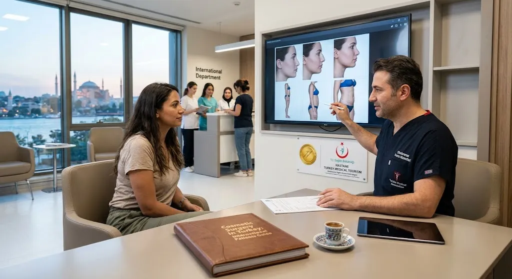 A young woman in a beige shirt sits across a desk from a male plastic surgeon in a medical clinic in Istanbul, Turkey. The surgeon points to a wall-mounted monitor displaying before-and-after profile photos of cosmetic surgeries. On the desk are a tablet, a small cup of Turkish coffee, and a brown book titled "Cosmetic Surgery in Turkey: International Patients Guide." The "International Department" sign and a view of the Bosphorus and Hagia Sophia are visible in the background.