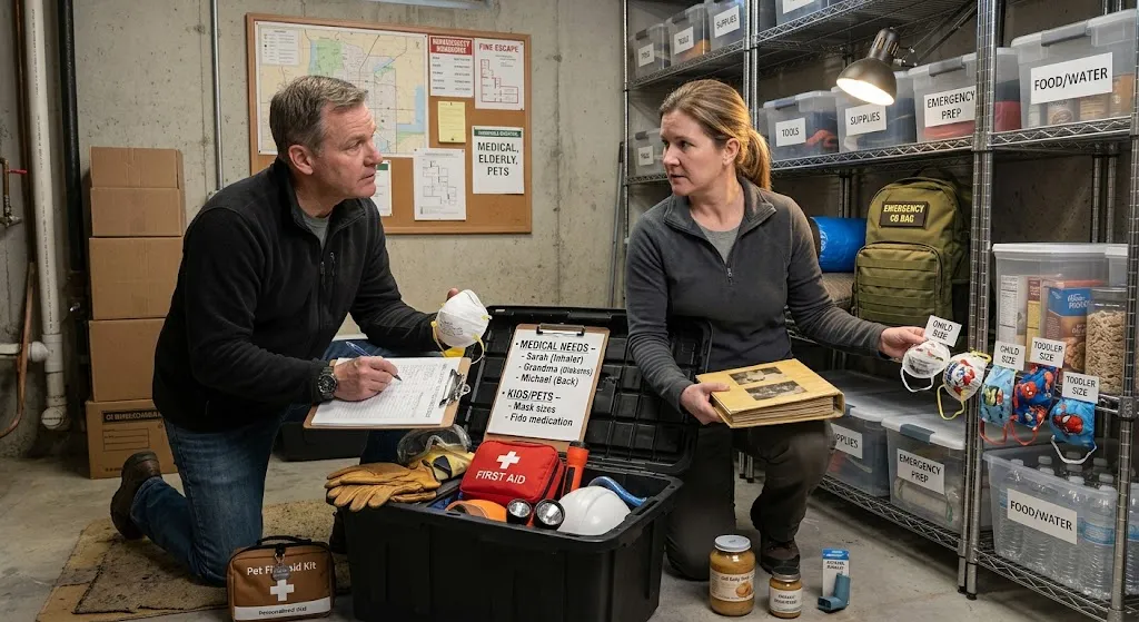 A photograph of a man and woman in a home basement conducting an emergency supplies audit. The man, kneeling with a clipboard, examines an adult N95 mask while a nearby list detail specific medical and pet requirements. The woman sits by wire shelves and an open gear box, holding an old photo album and looking at the shelves where child-sized protective masks are labeled for size, illustrating the personalized assessment of their household's needs.
