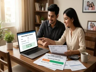 A man and woman sit at a wooden dining table, looking attentively at a laptop screen. The screen displays a 'Gratuity Eligibility Calculator' with an estimated gratuity of ₹2.30 Lakh. The woman is holding papers, and another document with 'FAMILY FLOATER HEALTH INSURANCE POLICY' details is on the table, along with a calculator and a coffee mug.
