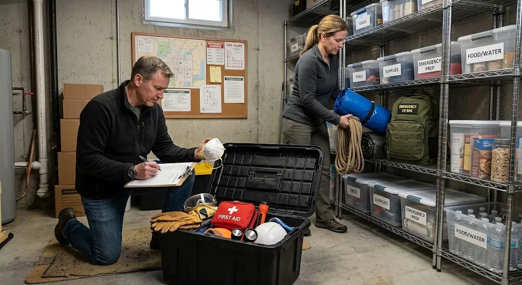 A man kneeling on a basement floor checks off an emergency clipboard inventory while holding an N95 mask next to an open, fully stocked gear crate. Beside him, a woman organizes a blue tarp and heavy rope onto metal shelving lined with labeled storage bins and an emergency go-bag.