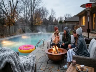 A group of friends sits on outdoor sofas around a blazing copper fire pit, enjoying warm drinks and s'mores by a steaming backyard swimming pool in the evening. A giant donut float is in the water, and everyone is bundled in winter clothes.