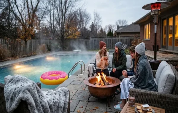A group of friends sits on outdoor sofas around a blazing copper fire pit, enjoying warm drinks and s'mores by a steaming backyard swimming pool in the evening. A giant donut float is in the water, and everyone is bundled in winter clothes.