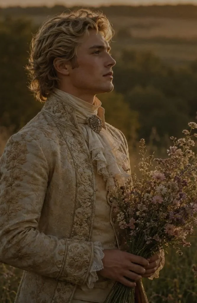 A young man with blonde hair dressed in an embroidered Regency-style coat and neck cravat holding a bouquet of wildflowers during golden hour, serving as an example of creative output from free AI image tools.
