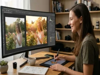 A side-view photo of a young woman with long brown hair, wearing a green t-shirt, working at a wooden desk with a curved monitor. She's smiling, using a stylus to add a butterfly to a photo on a graphics tablet, which is mirrored on the monitor. The screen shows a photo of a woman with a bunch of roses before and after creative editing, which includes more roses and butterflies. The background features bookshelves with cameras.