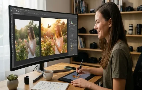 A side-view photo of a young woman with long brown hair, wearing a green t-shirt, working at a wooden desk with a curved monitor. She's smiling, using a stylus to add a butterfly to a photo on a graphics tablet, which is mirrored on the monitor. The screen shows a photo of a woman with a bunch of roses before and after creative editing, which includes more roses and butterflies. The background features bookshelves with cameras.