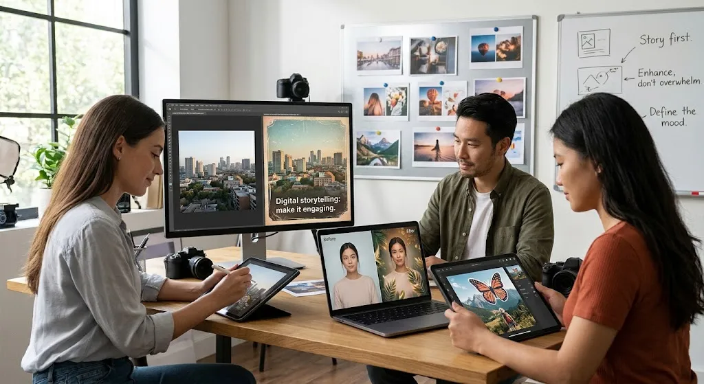 Three digital content creators collaborating in a modern studio, using desktop monitors, laptops, and tablets to edit photographs with AI tools and decorative graphics.