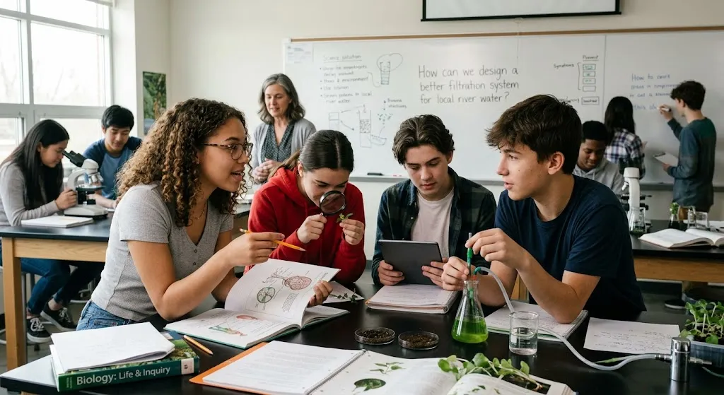 A diverse group of high school students collaborating around a laboratory table in a bright classroom, examining plant specimens, taking notes, and working with science equipment while a prompt on the whiteboard reads "How can we design a better filtration system for local river water?"
