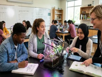 A group of high school students collaborating around a plant growth experiment with grow lights in a modern science classroom as their teacher guides them.