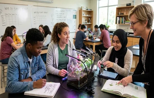 A group of high school students collaborating around a plant growth experiment with grow lights in a modern science classroom as their teacher guides them.