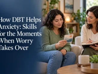 A woman sitting on a couch in a cozy therapy session holding a mindfulness card while a therapist listens and takes notes, overlaid with the article title "How DBT Helps Anxiety: Skills for the Moments When Worry Takes Over."