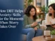 A woman sitting on a couch in a cozy therapy session holding a mindfulness card while a therapist listens and takes notes, overlaid with the article title "How DBT Helps Anxiety: Skills for the Moments When Worry Takes Over."