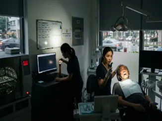 A dark dental clinic during a power outage. One staff member uses a handheld light to examine a patient in a chair while another works at a computer. Rain is visible through the window.