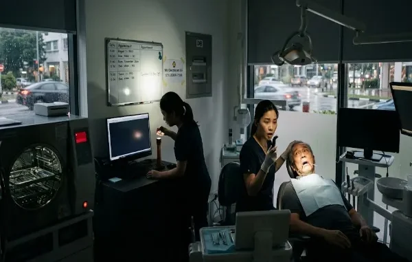 A dark dental clinic during a power outage. One staff member uses a handheld light to examine a patient in a chair while another works at a computer. Rain is visible through the window.