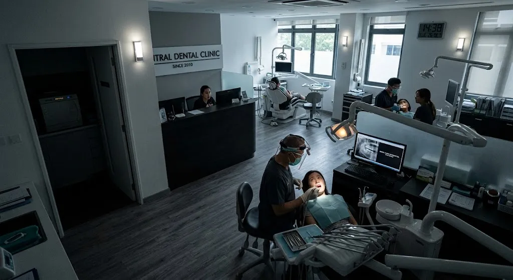 Dental clinic during a power outage showing dark treatment rooms, unpowered digital monitors, and interrupted procedures.