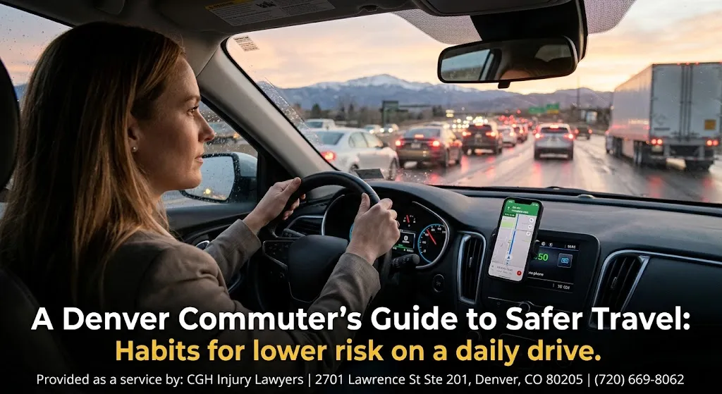 A female driver in Denver with both hands on the steering wheel during a dusk commute, focusing on highway traffic with snow-capped Rocky Mountains in the background. Her phone is mounted on the dashboard showing a GPS navigation app. Overlay text reads: "A Denver Commuter's Guide to Safer Travel: Habits for lower risk on a daily drive," along with contact details for CGH Injury Lawyers.