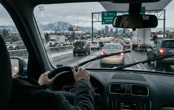 View from inside a car driving on a snowy I-25 highway toward the Denver skyline and mountains in winter.