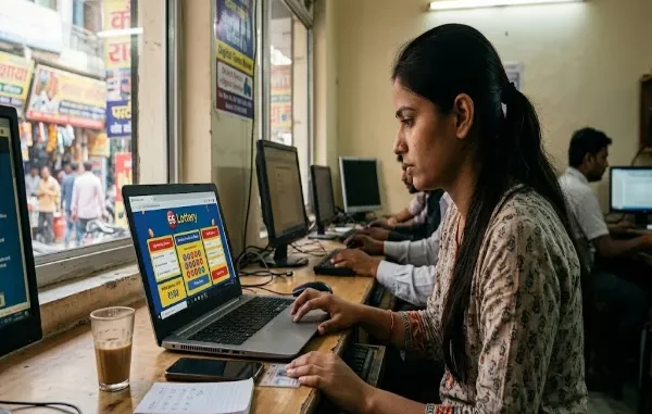 A candid photograph of a woman focusing on a laptop screen displaying the "66 Lottery" platform. She is in a Delhi cyber cafe with other people working nearby.