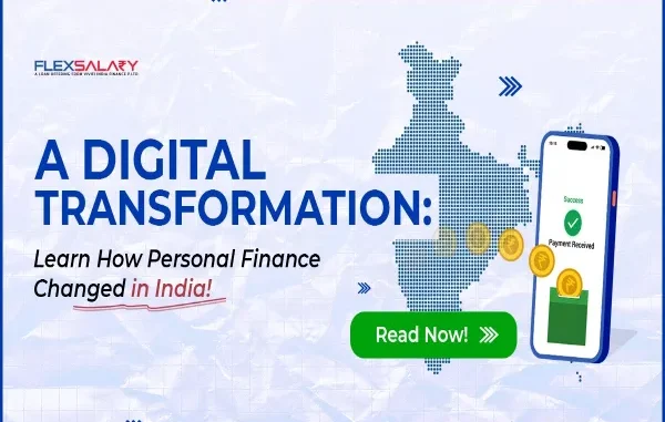 Banner graphic titled "A Digital Transformation" illustrating how digital lending and personal finance are changing in India, featuring a smartphone displaying a successful payment notification next to a dotted map of India.