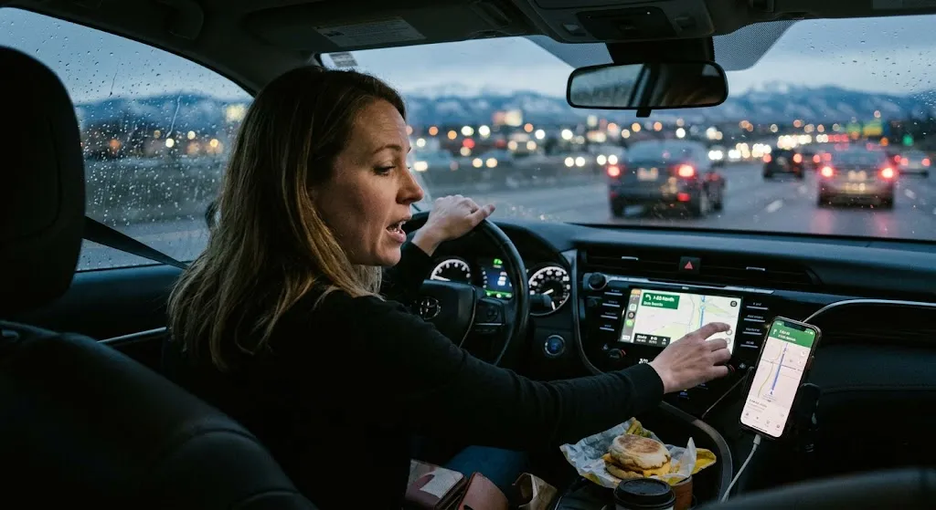 A photograph from inside a car on a rainy, multi-lane highway at dusk. A woman driver with light brown hair looks to her right, appearing to speak. Her left hand is on the steering wheel while her right hand is reaching to adjust a touchscreen dashboard display showing a navigation map. A smartphone is mounted on the dashboard to the right of the screen. A breakfast sandwich in a wrapper is visible on the center console below the screen. The scene, looking forward towards distant city lights, visualizes multiple potential distractions for the driver beyond just phone use.