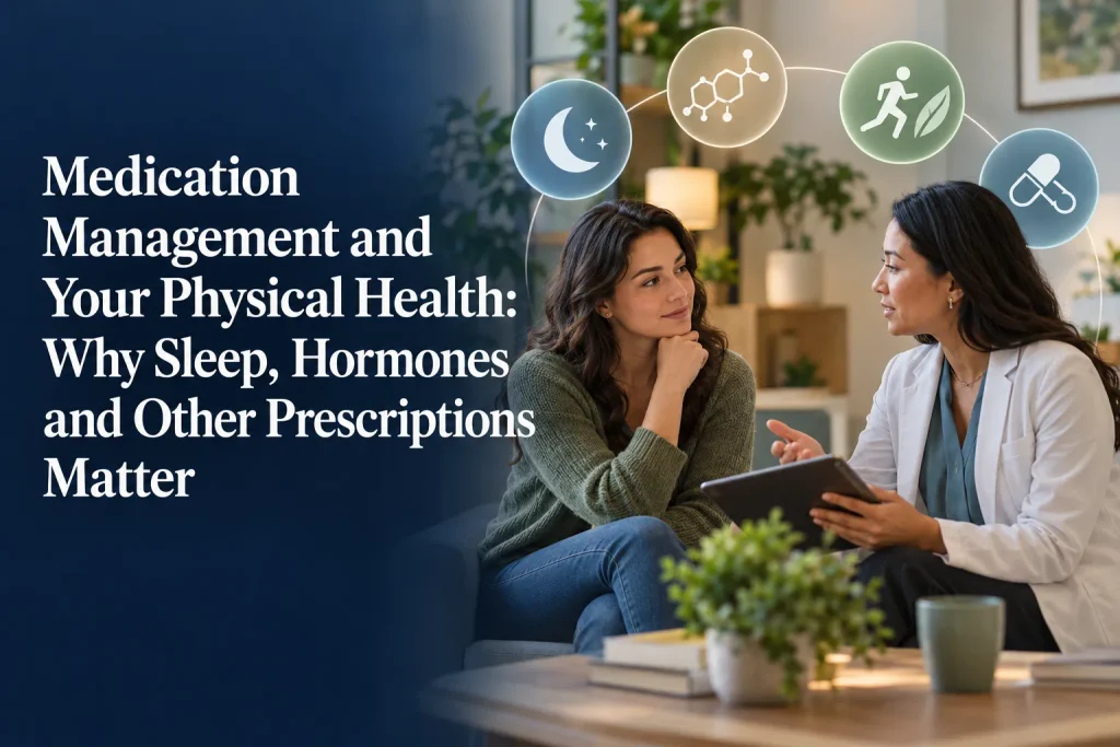 A patient discussing prescription options with a doctor in an office setting.
