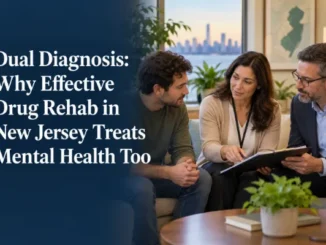 A patient seated on a couch between two therapists reviewing treatment documents on a clipboard in a bright office, with a window view of the New York City skyline and a framed map of New Jersey on the wall.